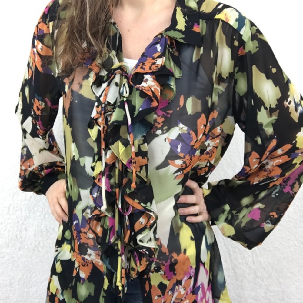 CAbi #146 Cascading Ruffle Tie Front Blouse Small